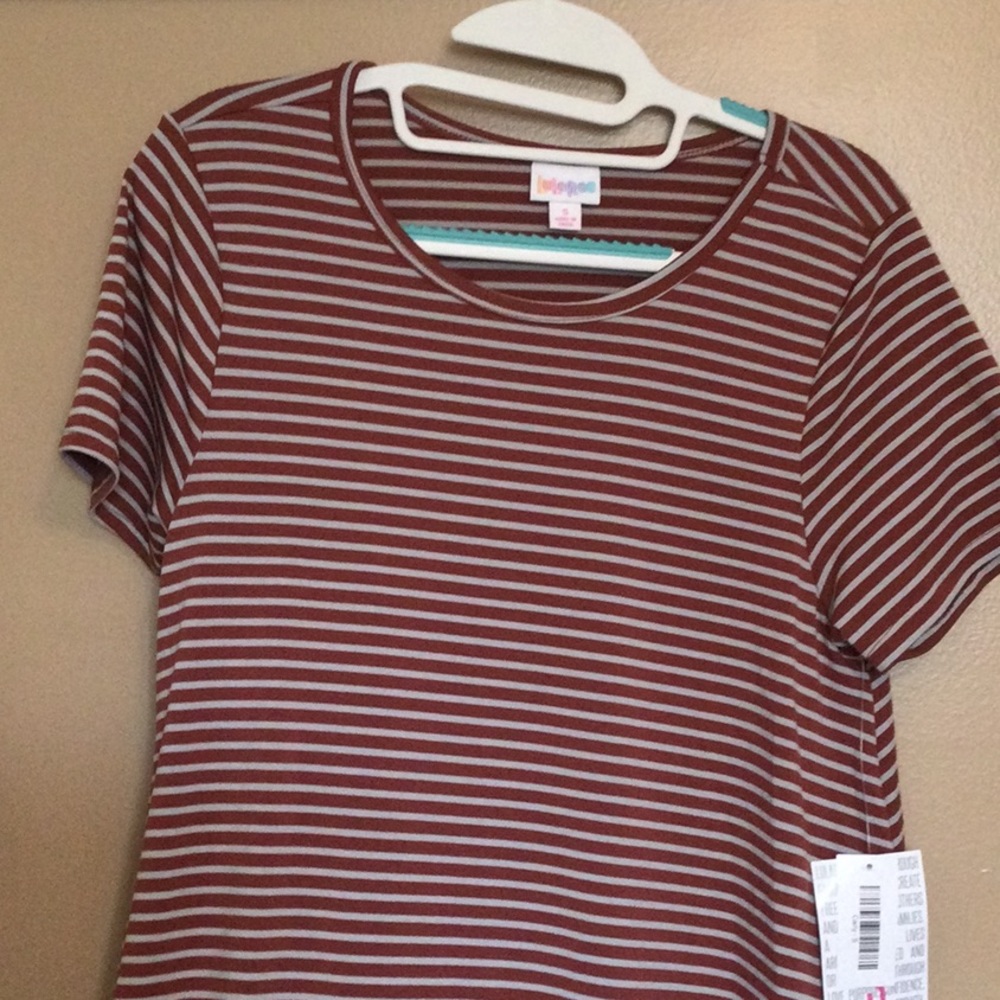 New with tags Lularoe Carly Dress, size Small. Reddish brown with tan stripes